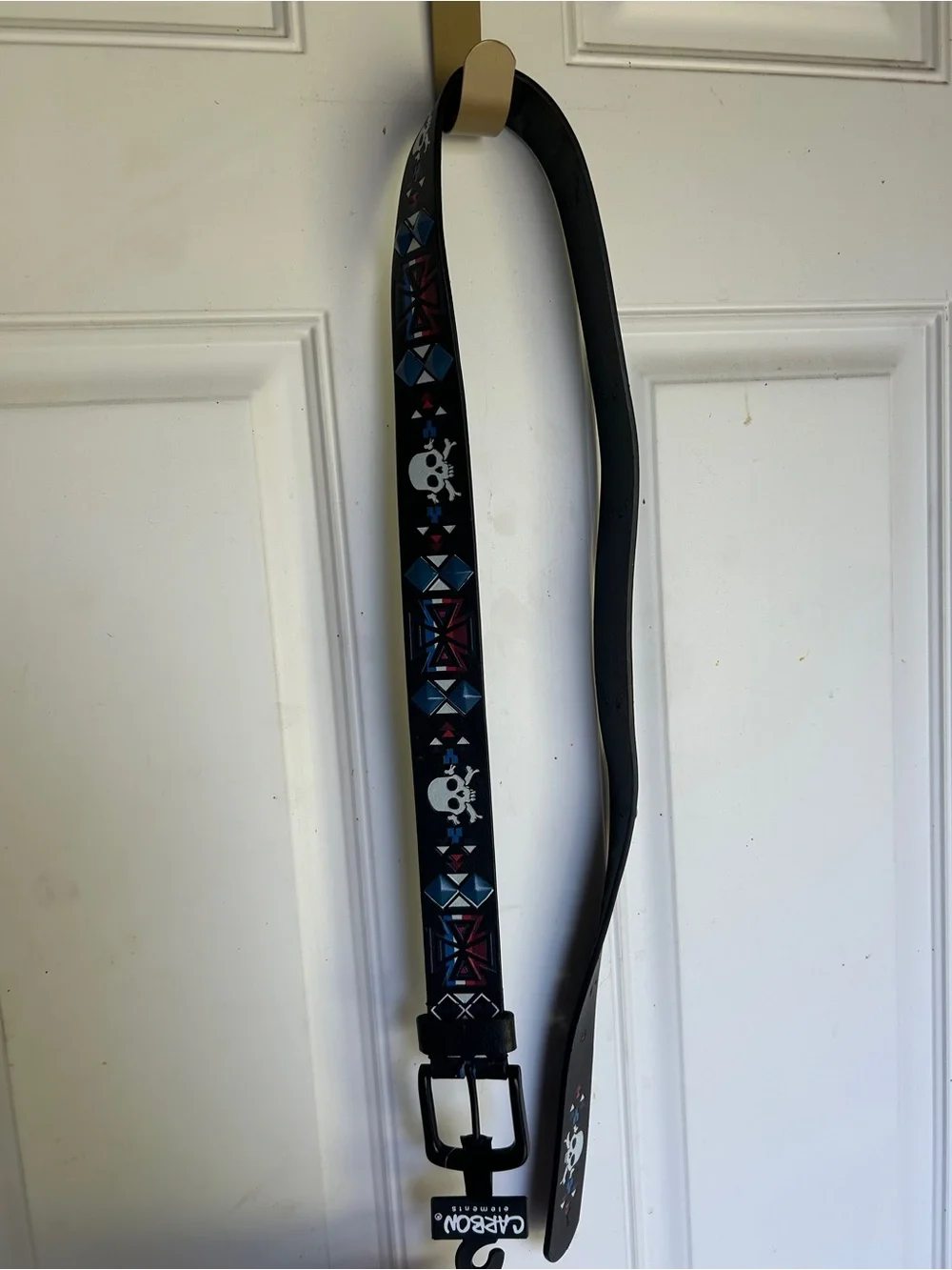 Carbon Black Studded Leather Belt with Blue and Red Accents